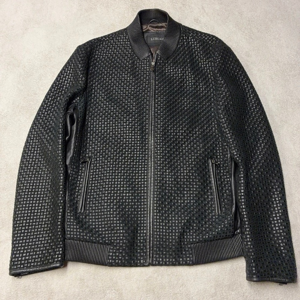 Lubiam Sheepskin Leather Bomber Jacket Black Woven Luxury Made in Italy Mens 52